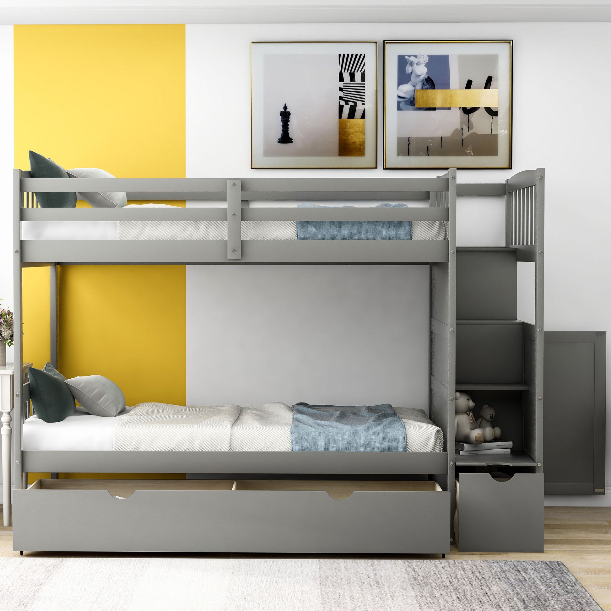 Bunk bed with gray metal frame, convertible bottom bed and under-bed storage drawer; yellow wall on Tampa Home & Garden Store