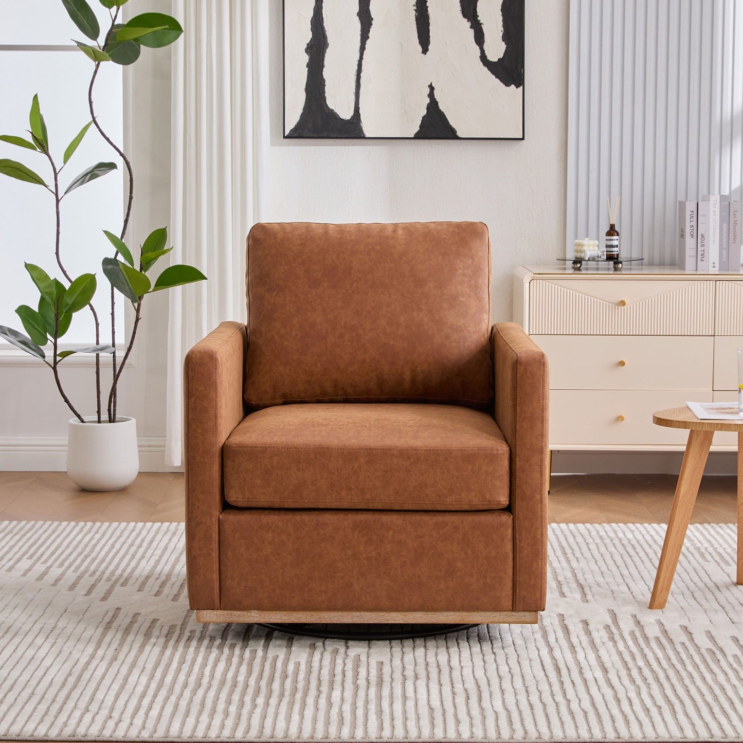 Modern Upholstered Square Swivel Accent Chair in brown faux leather with 360-degree rotation on Tampa Home & Garden Store