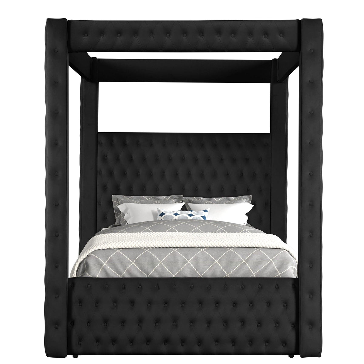Modern 4 Poster Bed with tufted black headboard and footboard by HouseOfZazla poster beds on Tampa Home & Garden Store