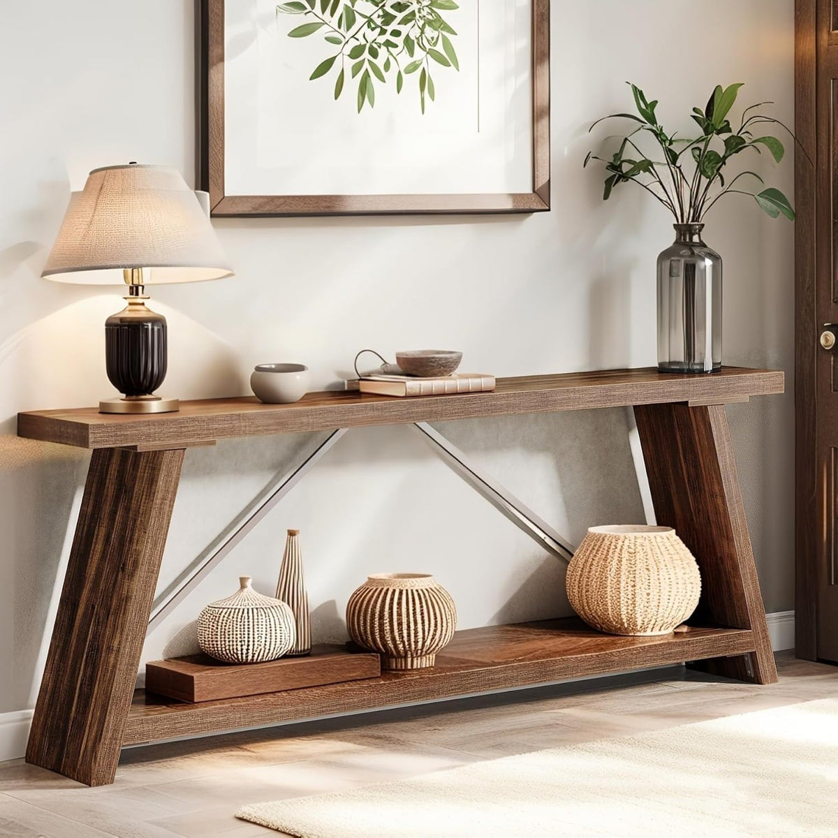 Extra Long Console Table with 2-Tier Shelves by HouseOfZazla in dark brown wood and metal on Tampa Home & Garden Store