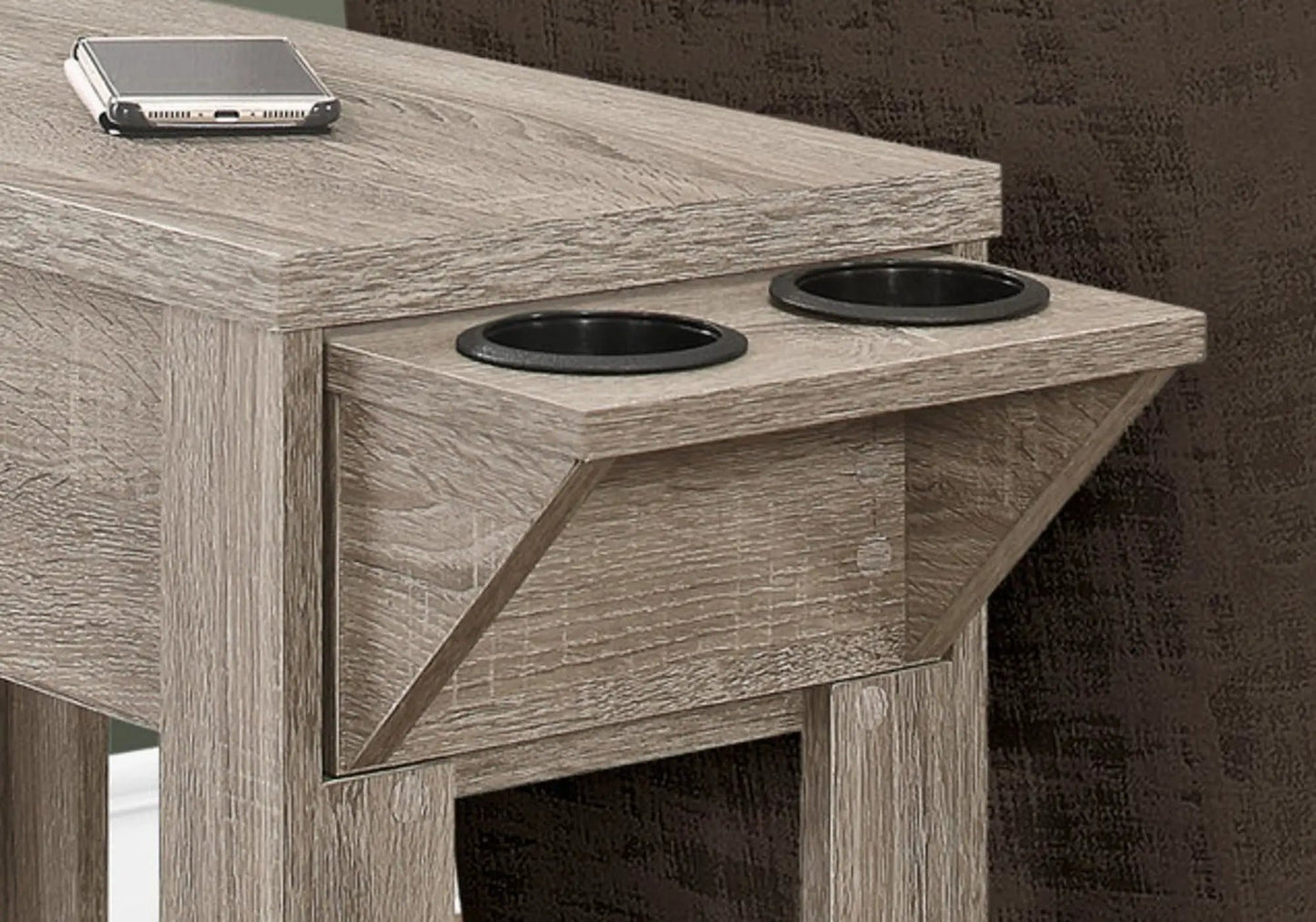 Accent Side Table with storage in light gray wood; two top circular recesses on Tampa Home & Garden Store