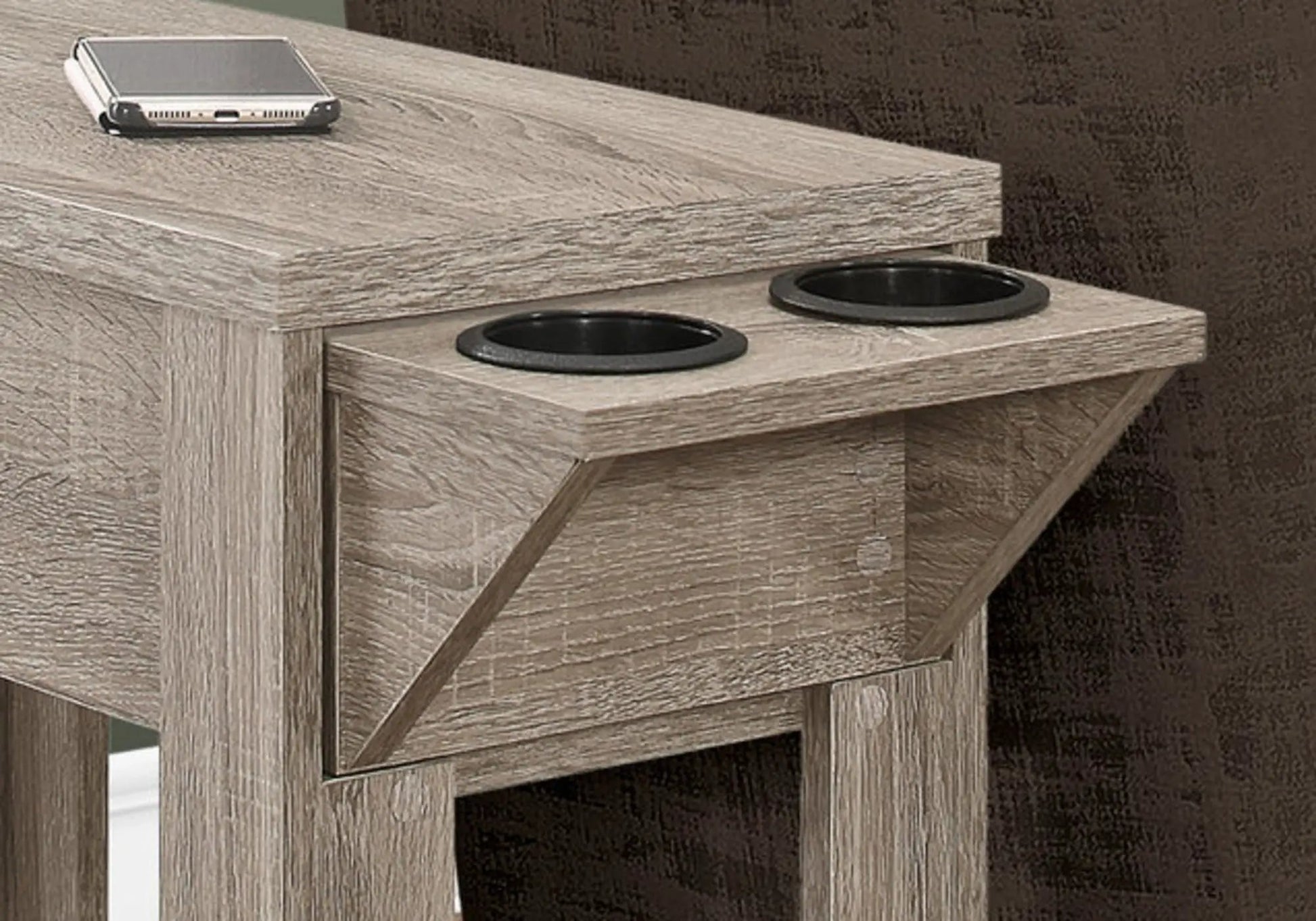 Accent Side Table with storage in light gray wood; two top circular recesses on Tampa Home & Garden Store