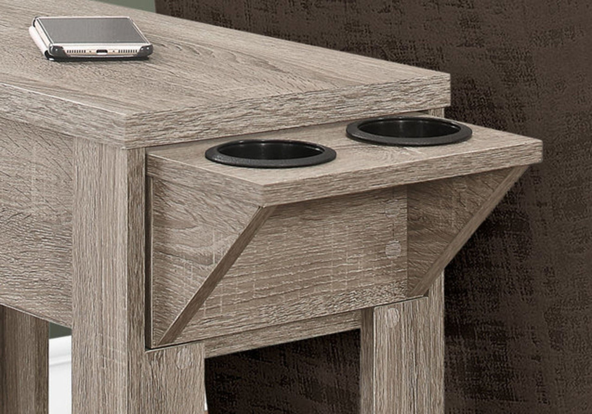 Accent Side Table with Storage and Built-In Lamp in gray-washed wood with two drink holders on Tampa Home & Garden Store