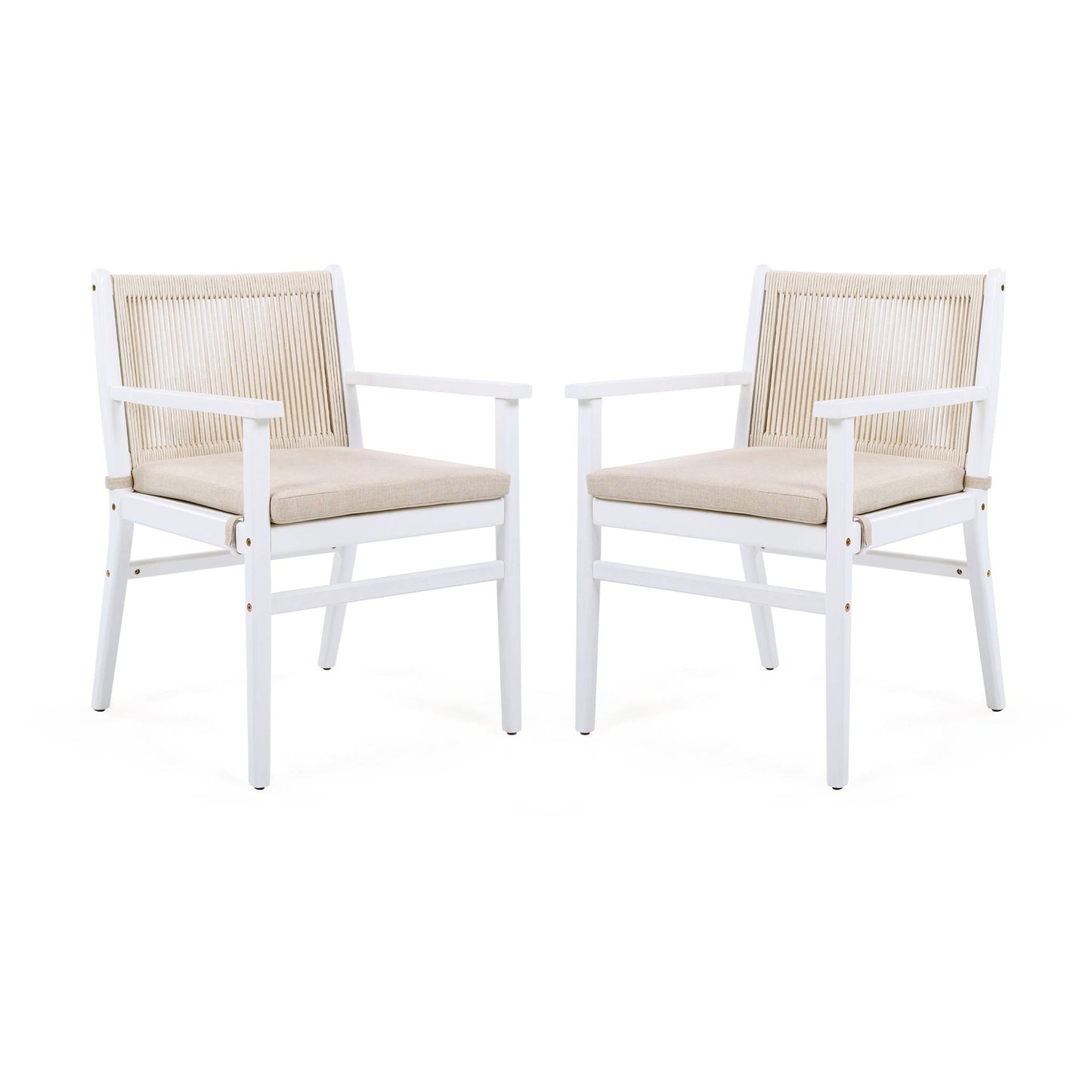 Outdoor Acacia Wood Patio Dining Armchairs set of 2, white frames, beige cushions, HouseOfZazla on Tampa Home & Garden Store