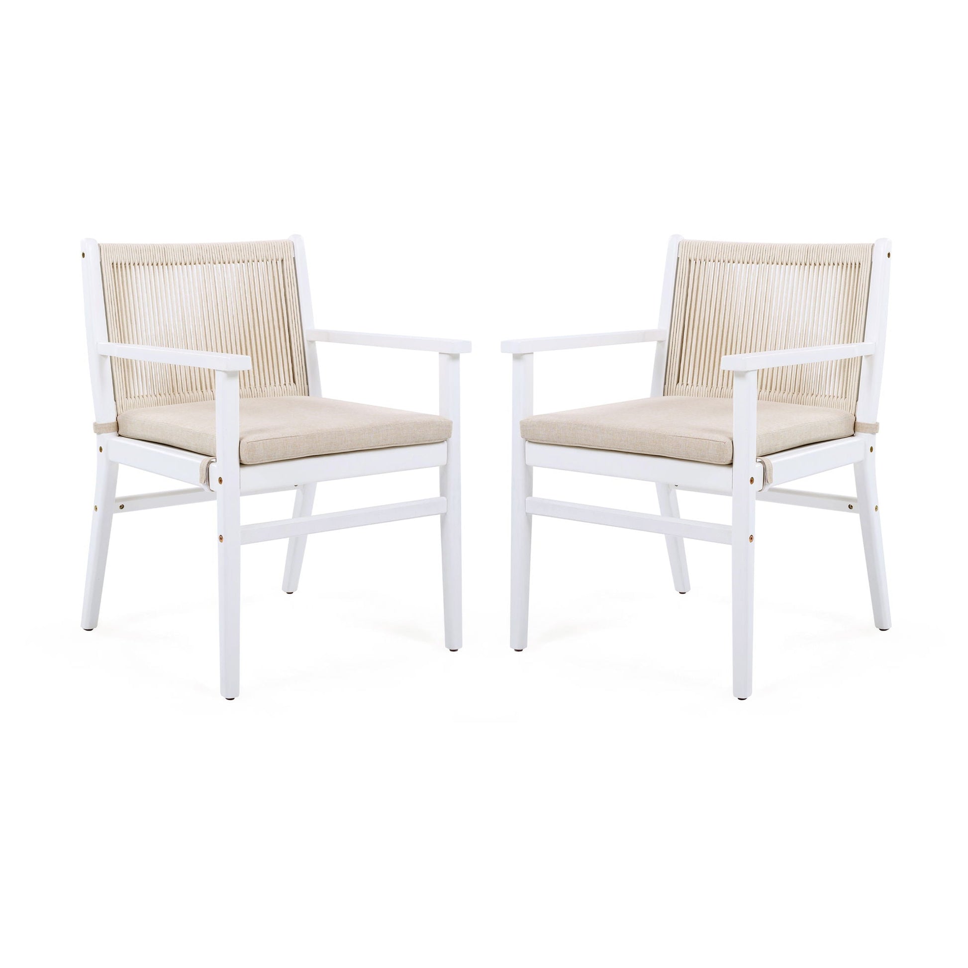 Outdoor Acacia Wood Patio Dining Armchairs set of 2, white frames, beige cushions, HouseOfZazla on Tampa Home & Garden Store