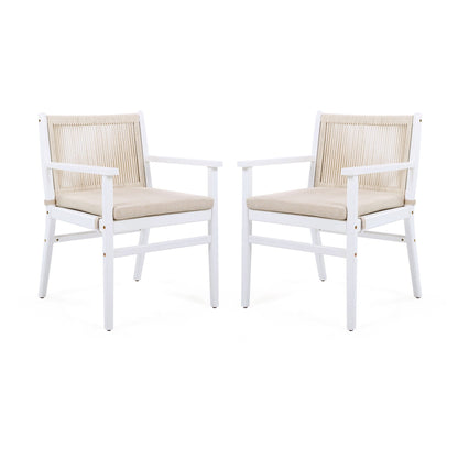 Outdoor Acacia Wood Patio Dining Armchairs set of 2, white frames, beige cushions, HouseOfZazla on Tampa Home & Garden Store