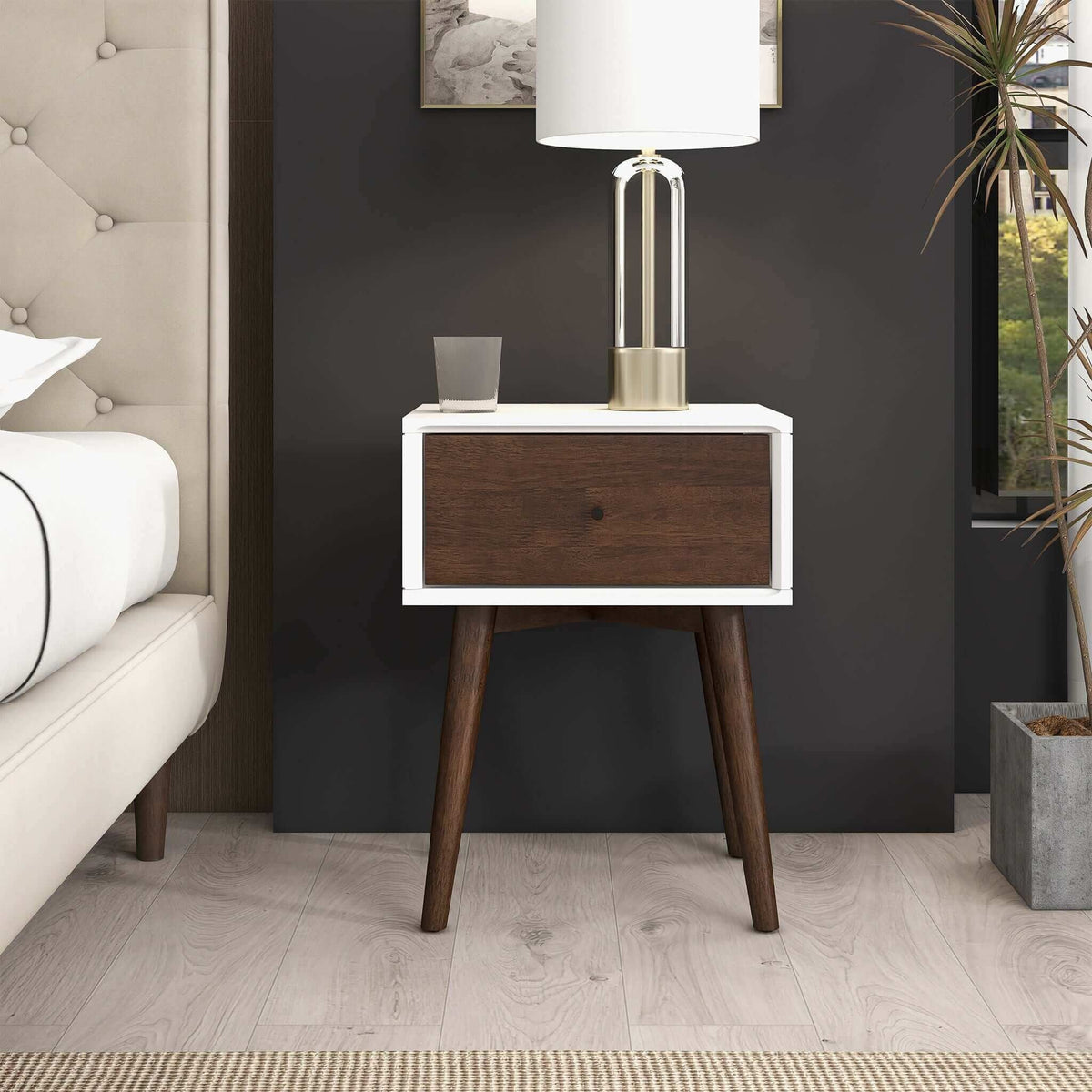 Modern design nightstand HouseOfZazla white with dark brown drawer, wood legs on Tampa Home & Garden Store
