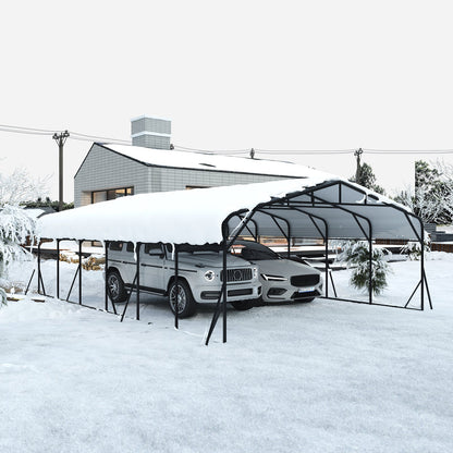 Heavy Duty Carport Canopy 20x30 with black metal frame sheltering two SUVs in snow on Tampa Home & Garden Store