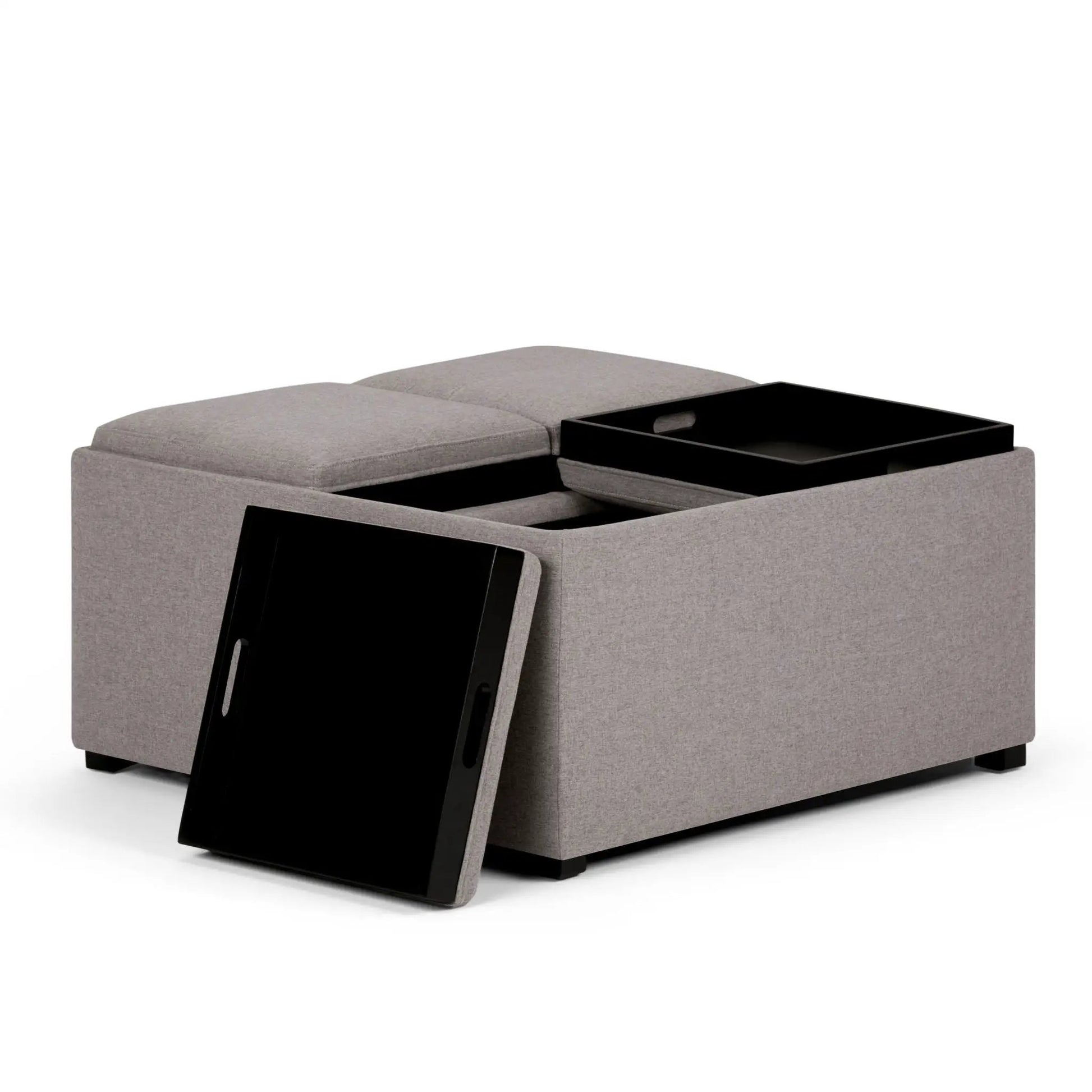 Avalon square storage ottoman coffee table in gray upholstery with a black glossy tray on Tampa Home & Garden Store