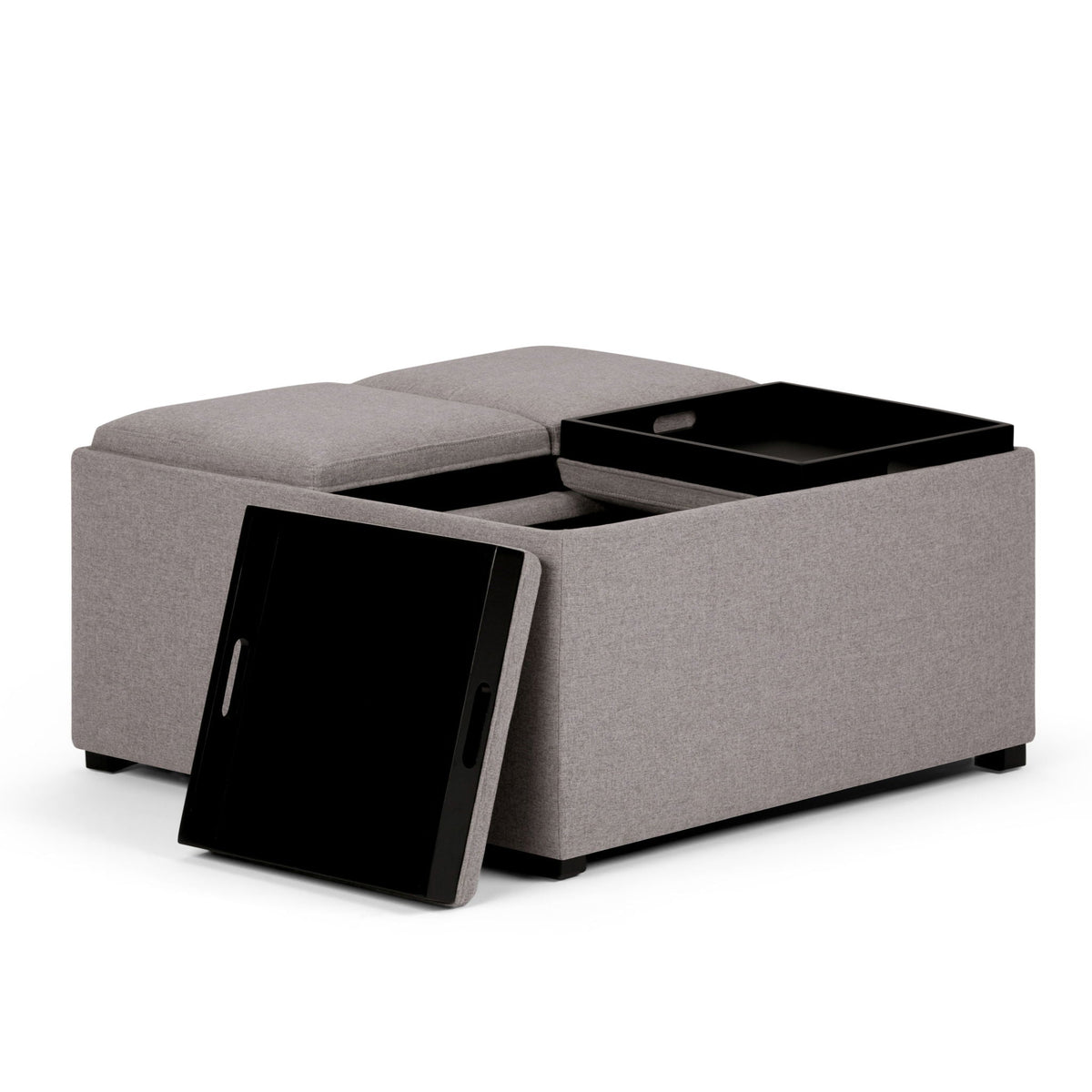 Avalon Square Ottoman Coffee Table with Trays, gray fabric ottoman, black tray on Tampa Home & Garden Store