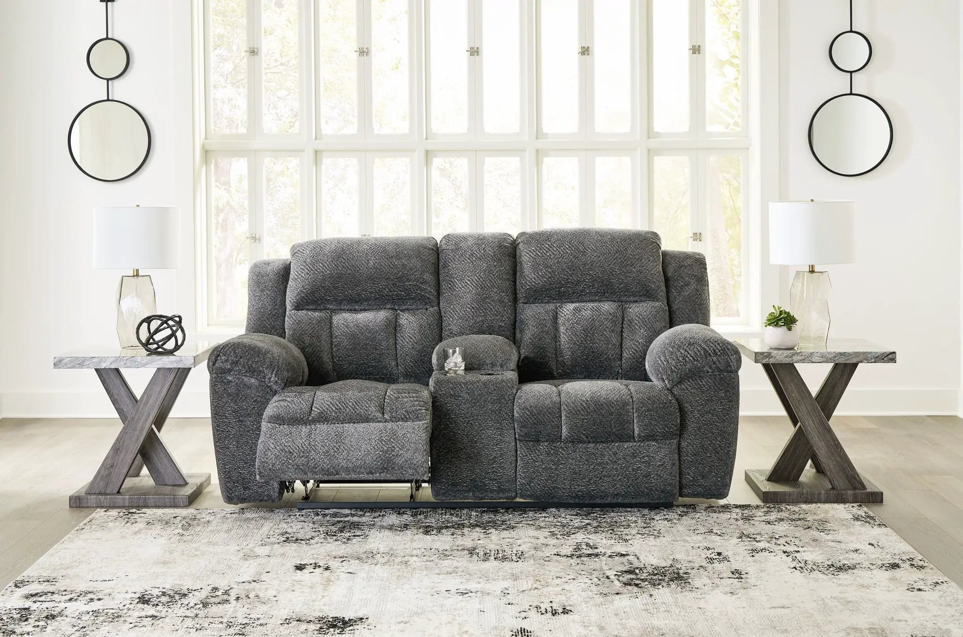 Frohn double reclining loveseat with console in dark textured gray fabric on Tampa Home & Garden Store