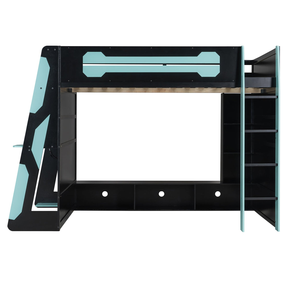 Full size loft bed with desk and RGB light by HouseOfZazla Cloud in black with teal accents on Tampa Home & Garden Store