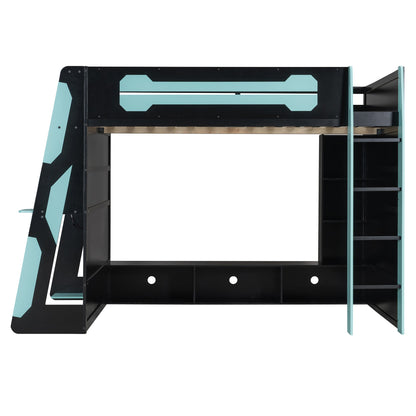 Full size loft bed with desk and RGB light by HouseOfZazla Cloud in black with teal accents on Tampa Home & Garden Store