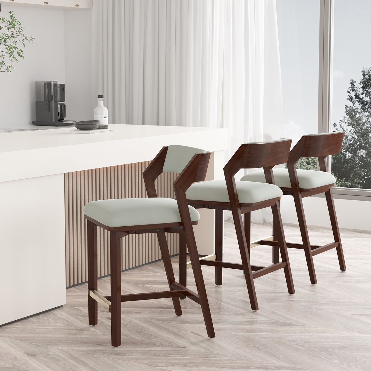 Patricia Counter Stool set of 4, dark walnut frame, pale gray cushions, HouseOfZazla on Tampa Home & Garden Store
