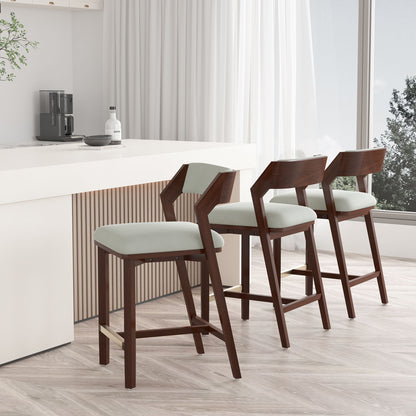 Patricia Counter Stool set of 4, dark walnut frame, pale gray cushions, HouseOfZazla on Tampa Home & Garden Store