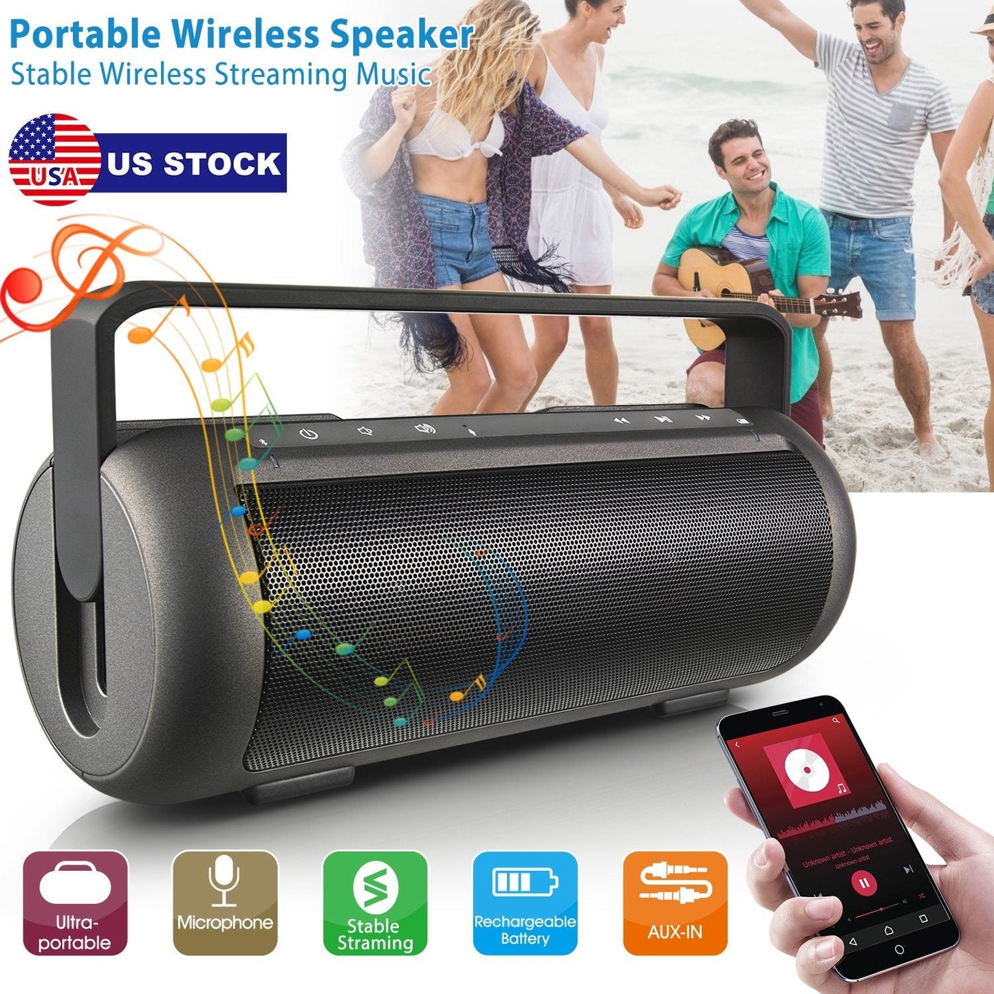 GemGear iRola wireless speaker with dual subwoofers, portable handle, aux-in perfect for camping on Tampa Home & Garden Store