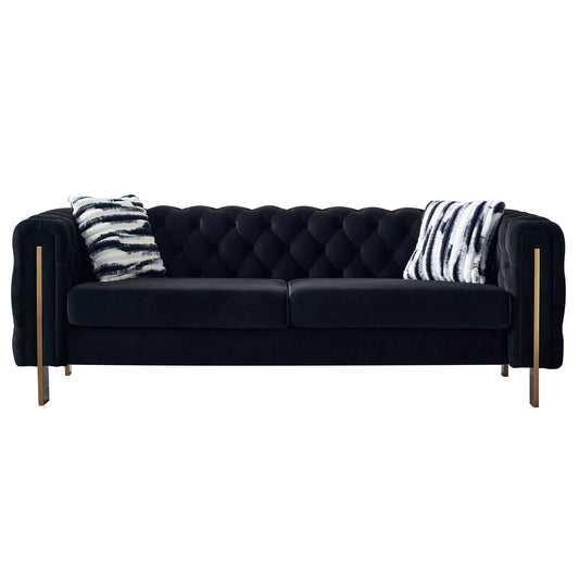 Chesterfield modern tufted stationary sofa 84.25W, black velvet, gold legs, striped pillows on Tampa Home & Garden Store
