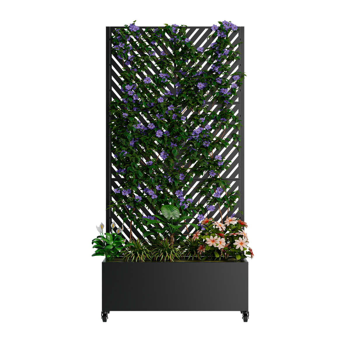 Metal planter box with trellis on wheels in silver finish with vines and purple flowers on Tampa Home & Garden Store