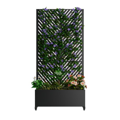 Metal planter box with trellis on wheels in silver finish with vines and purple flowers on Tampa Home & Garden Store