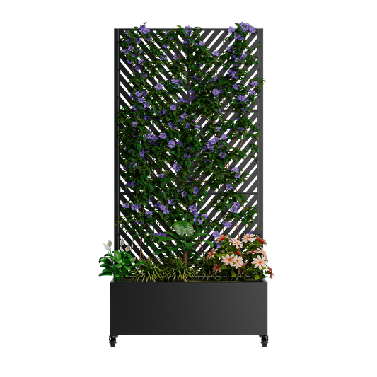 Metal planter box with trellis on wheels in silver finish with vines and purple flowers on Tampa Home & Garden Store