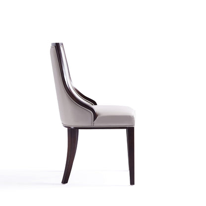 Grand dining chair with beech wood frame, beige/gray upholstery, curved back, side profile on Tampa Home & Garden Store