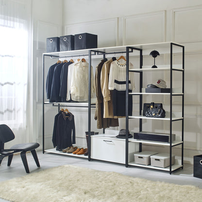White walk-in closet with powder-coated metal frame; 3-section wardrobe on Tampa Home & Garden Store