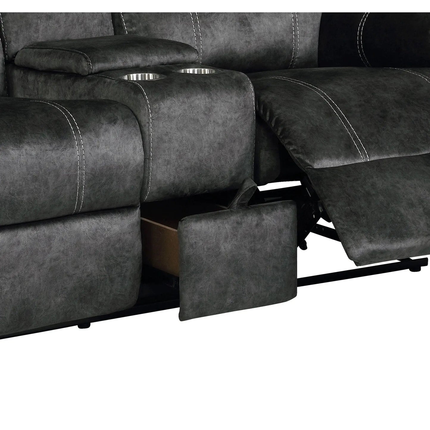 Sonet Domino Recliner loveseat in dark faux leather with white stitching and cupholders on Tampa Home & Garden Store