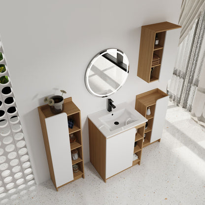 4 piece bathroom vanity set with sink and storage in black, light oak and white round LED mirror on Tampa Home & Garden Store