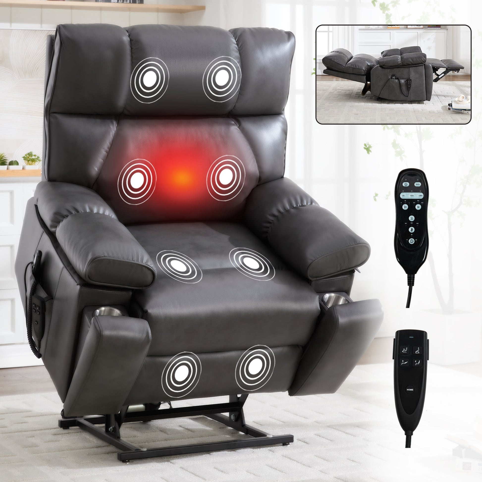 ComfortMax Dark Oversized Lift Recliner Chair in dark gray leather with massage on Tampa Home & Garden Store