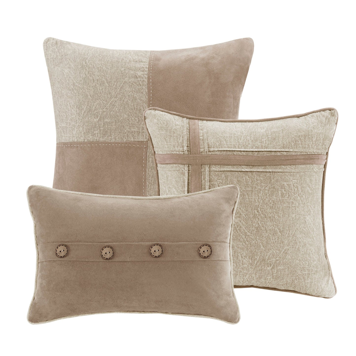 7 Piece Faux Suede Comforter Set Tan King with patchwork panels and buttoned accents on Tampa Home & Garden Store