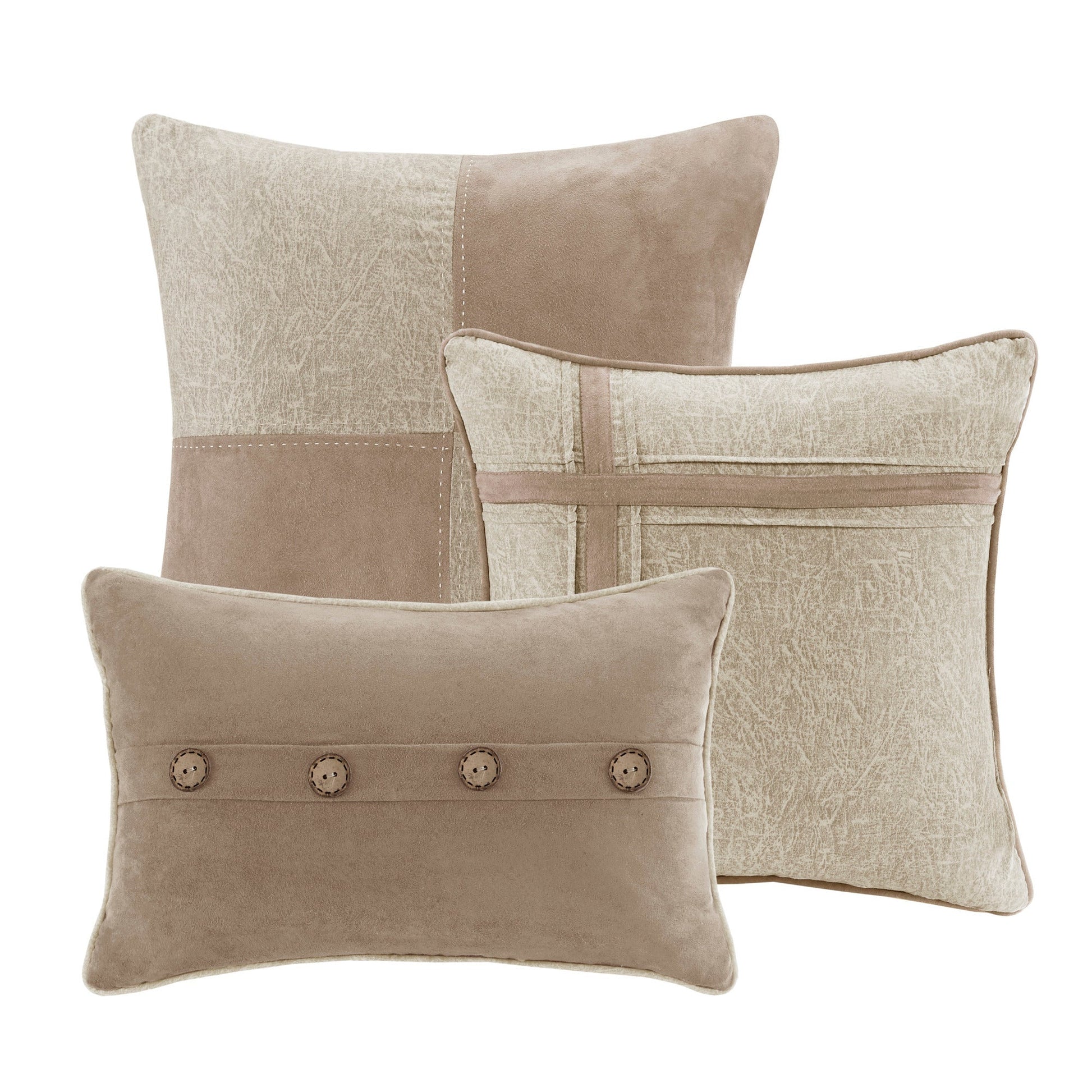 7 Piece Faux Suede Comforter Set Tan King with patchwork panels and buttoned accents on Tampa Home & Garden Store