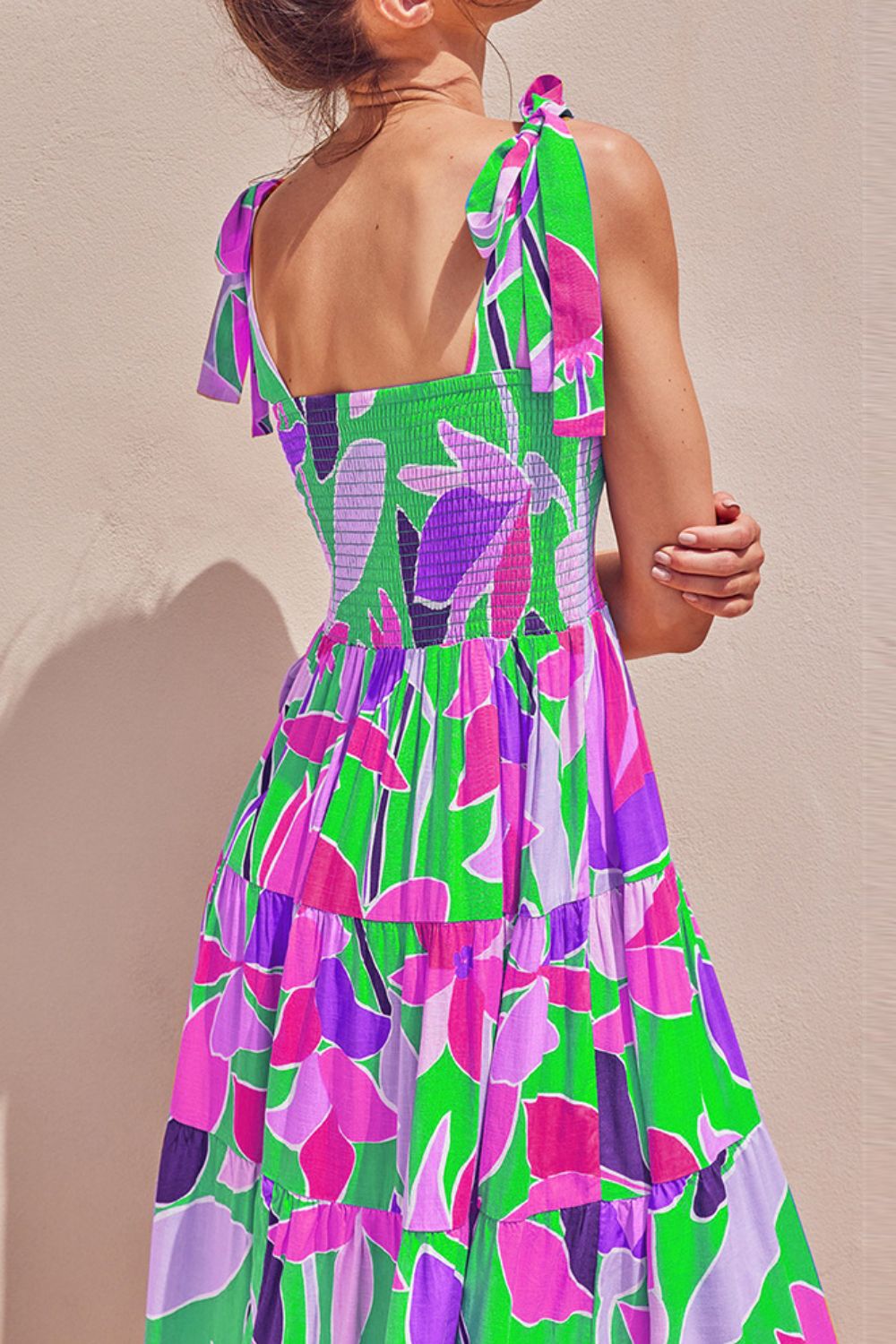 Stevvex long floral tie-shoulder smocked midi dress with green, pink, purple print on Tampa Home & Garden Store