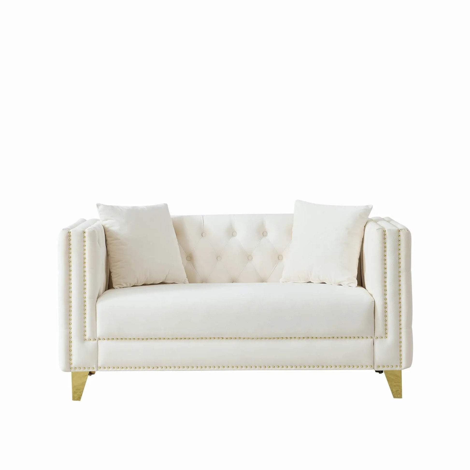 Deep Seat Sofa with button tufting, nailhead trim, square arms, white upholstery on Tampa Home & Garden Store