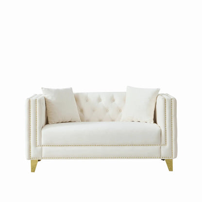 Deep Seat Sofa with button tufting, nailhead trim, square arms, white upholstery on Tampa Home & Garden Store