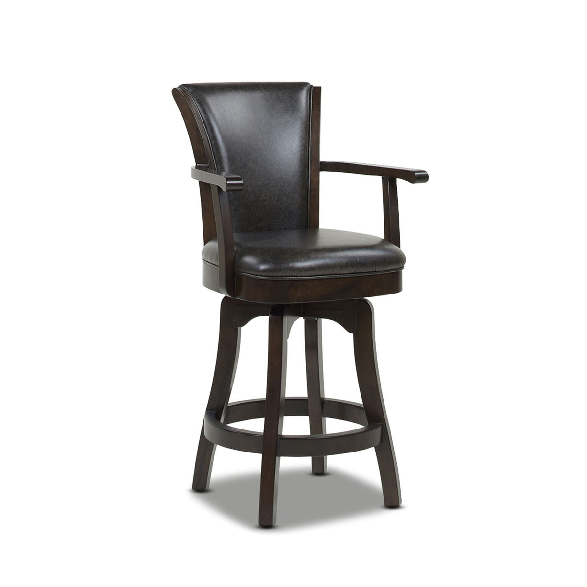 Swivel counter-height bar stool with high back dark brown wood and black leather upholstery on Tampa Home & Garden Store
