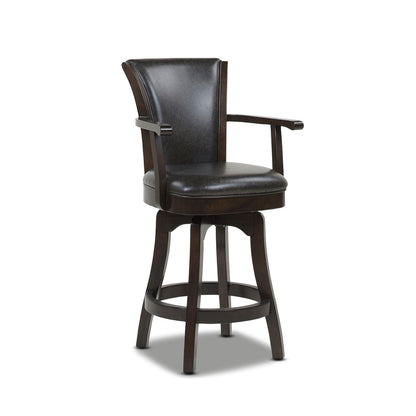 Swivel counter-height bar stool with high back dark brown wood and black leather upholstery on Tampa Home & Garden Store