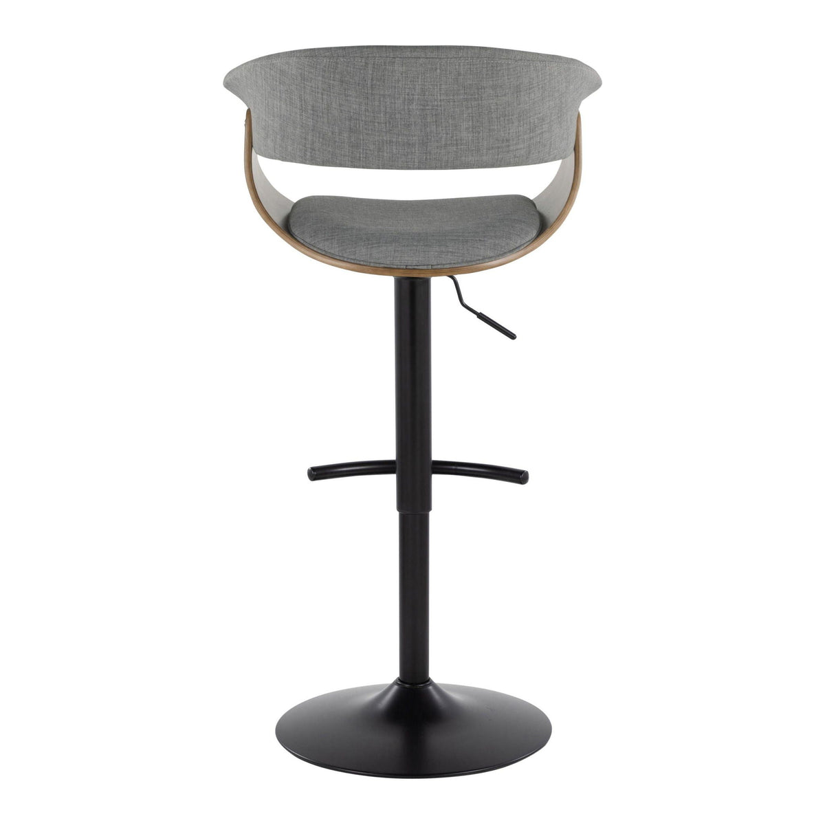 Mid-century modern adjustable height barstool with swivel in gray fabric and wooden frame on Tampa Home & Garden Store