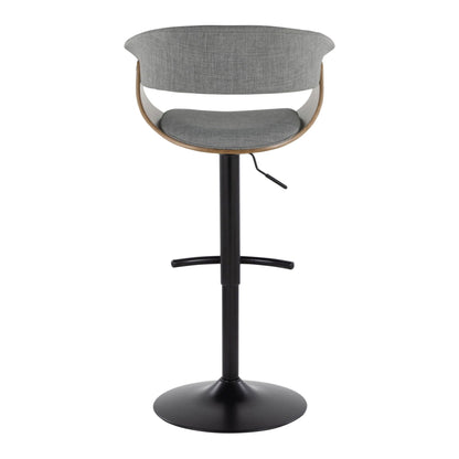 Mid-century modern adjustable height barstool with swivel in gray fabric and wooden frame on Tampa Home & Garden Store