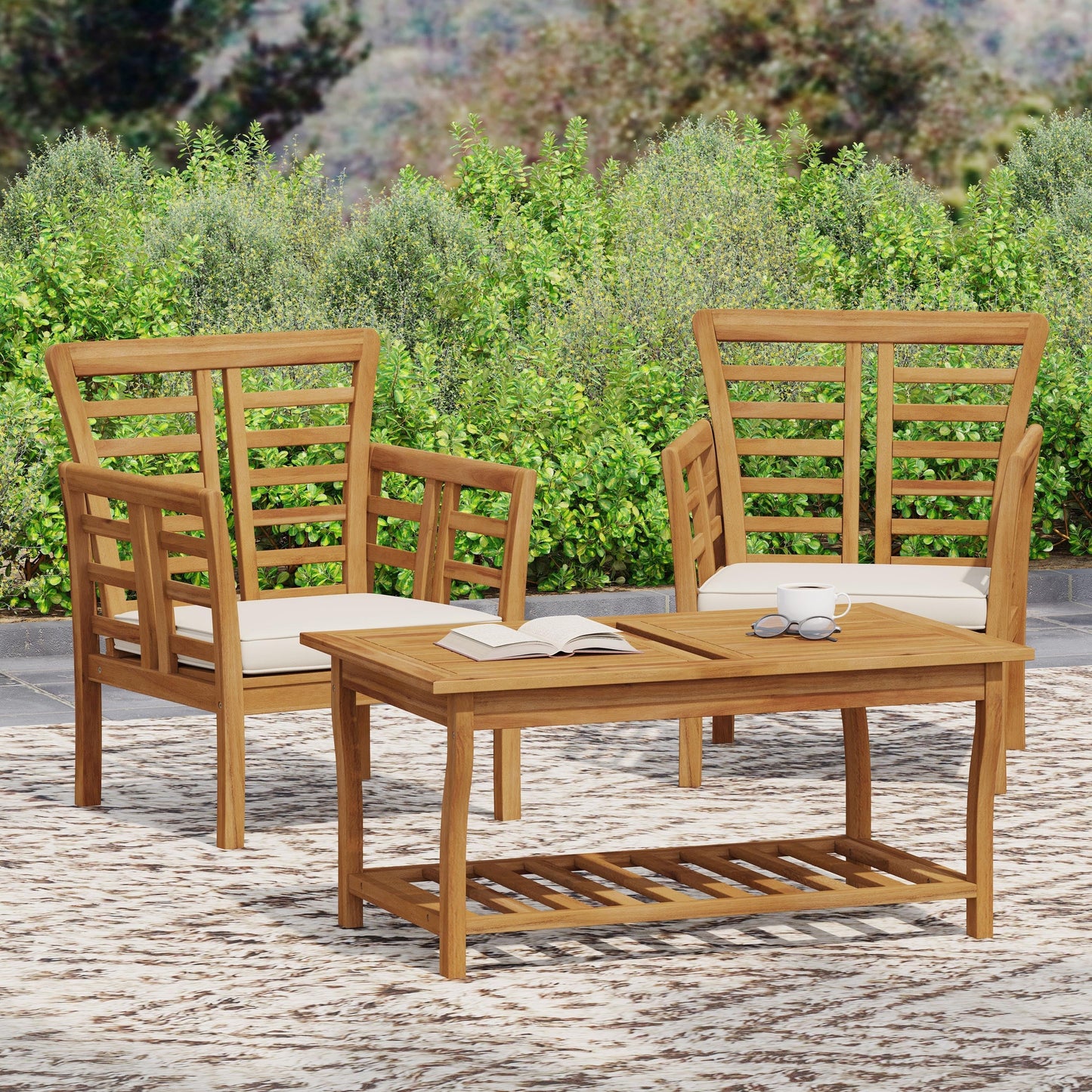 Caydon 2 Club Chairs + Table outdoor wood set with white cushions on Tampa Home & Garden Store