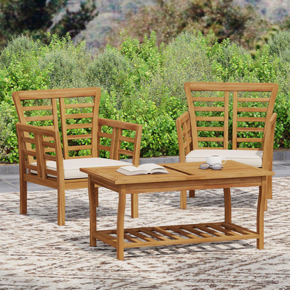Caydon 2 Club Chairs + Table outdoor wood set with white cushions on Tampa Home & Garden Store