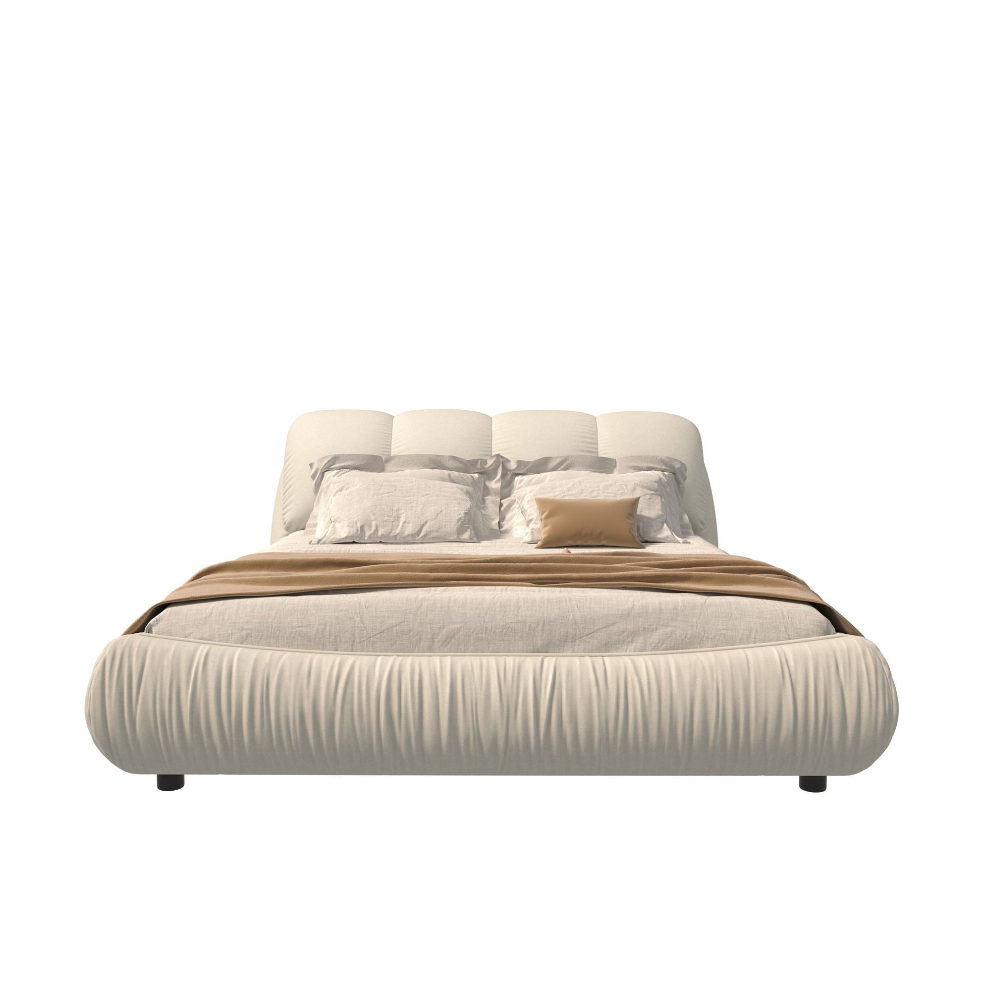 Beige upholstered platform bed with oversized padded backrest and wood frame on Tampa Home & Garden Store