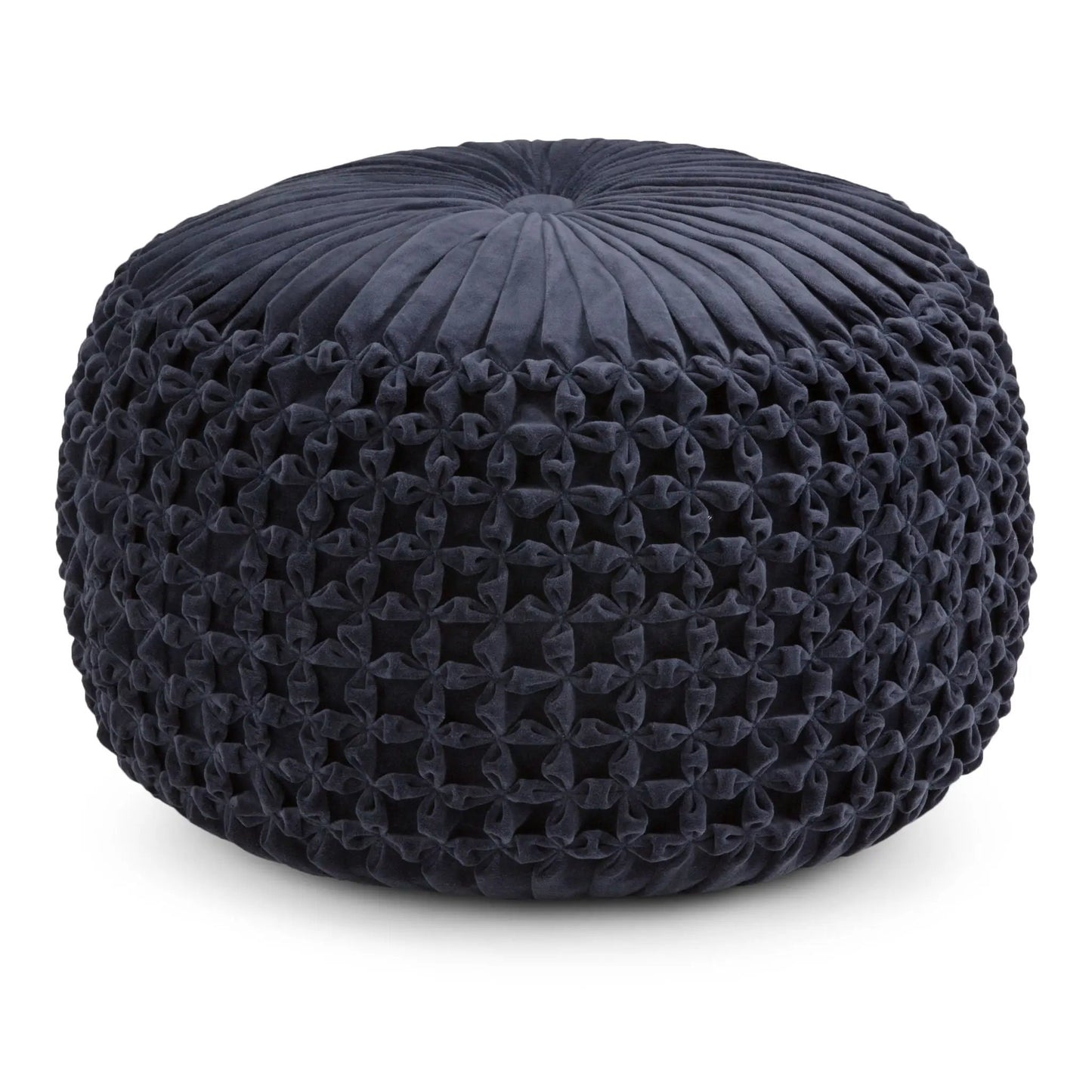 Renee Handcrafted Round Pouf, navy blue velvet with radial pleated tufting, accent pouf on Tampa Home & Garden Store