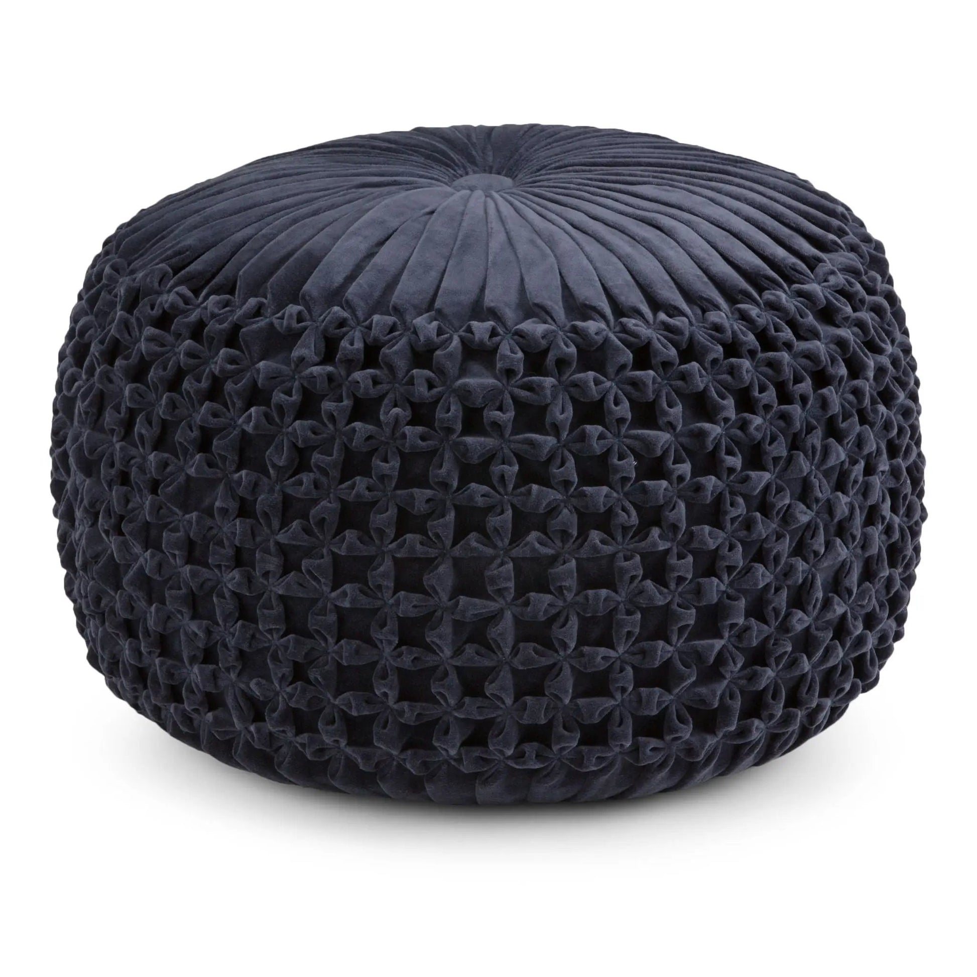 Renee Handcrafted Round Pouf, navy blue velvet with radial pleated tufting, accent pouf on Tampa Home & Garden Store