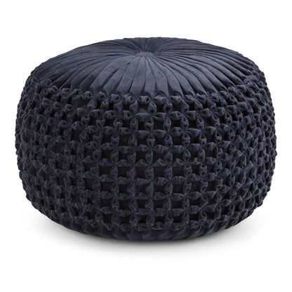 Renee Handcrafted Round Pouf, navy blue velvet with radial pleated tufting, accent pouf on Tampa Home & Garden Store