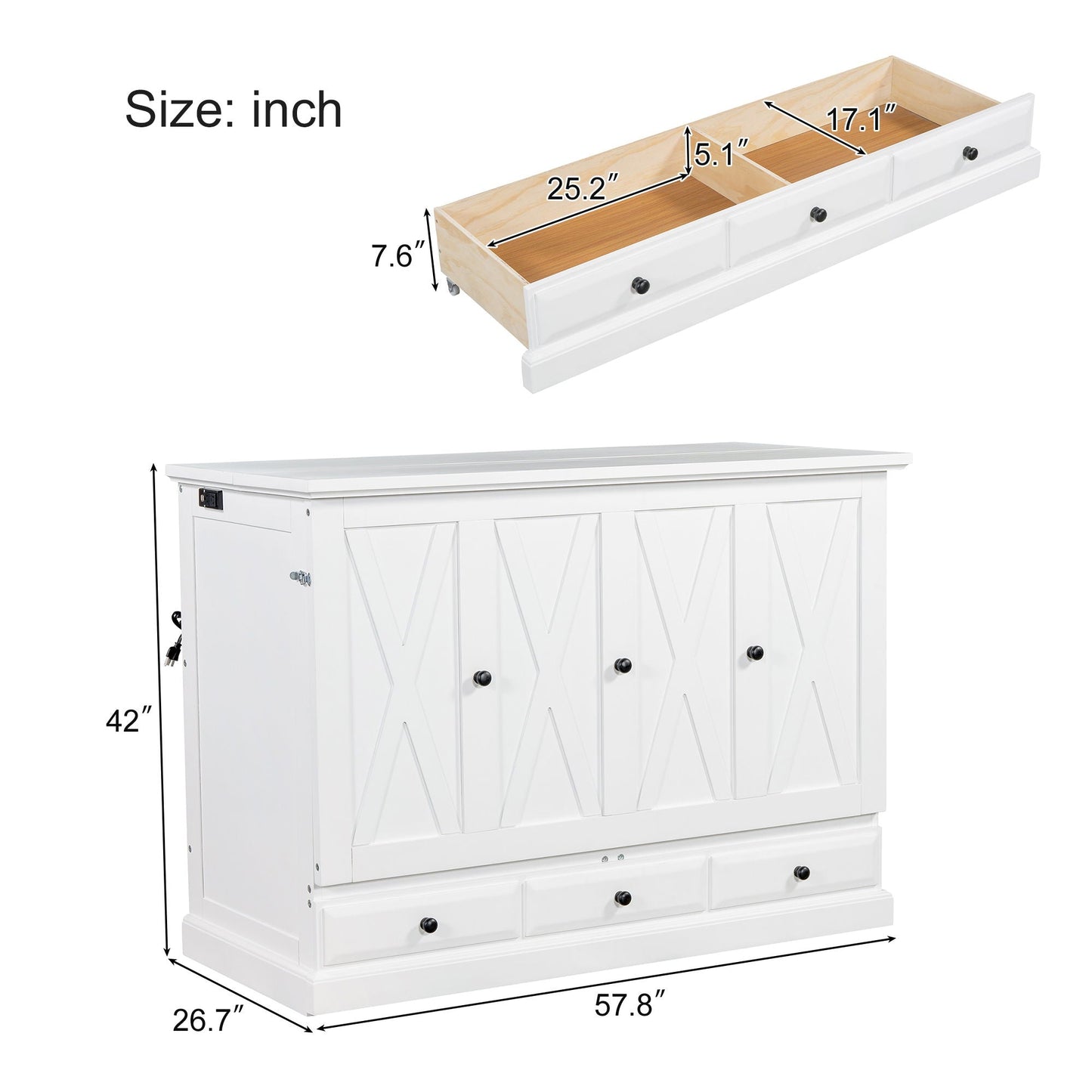 Solid pine Murphy bed chest cube cabinet with charging station and large storage drawer white on Tampa Home & Garden Store