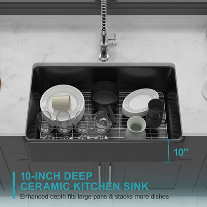 Undermount ceramic farmhouse kitchen sink with chrome pull-down faucet and dishware, HouseOfZazla on Tampa Home & Garden Store