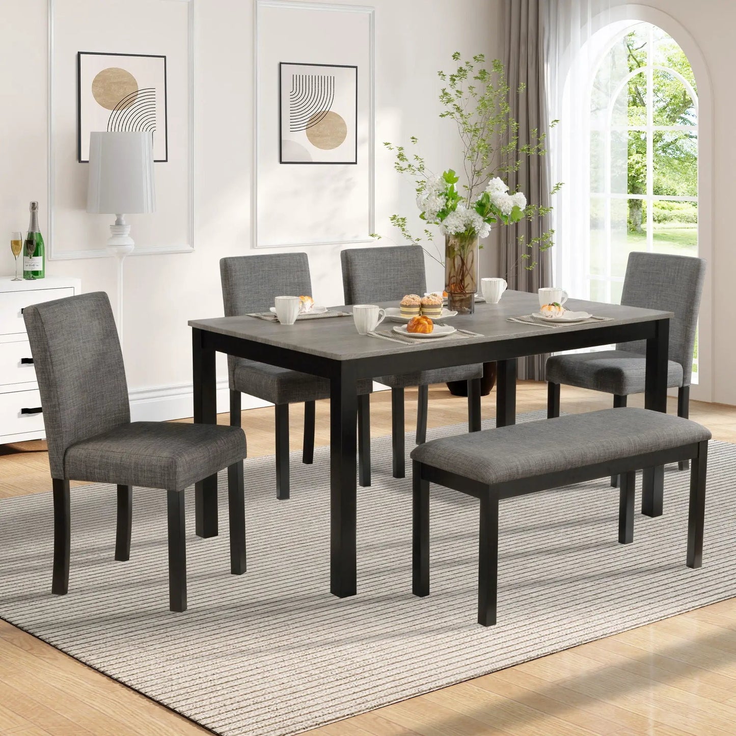 Modern dining table set with upholstered gray chairs, dark wood table, 5-piece dining set on Tampa Home & Garden Store