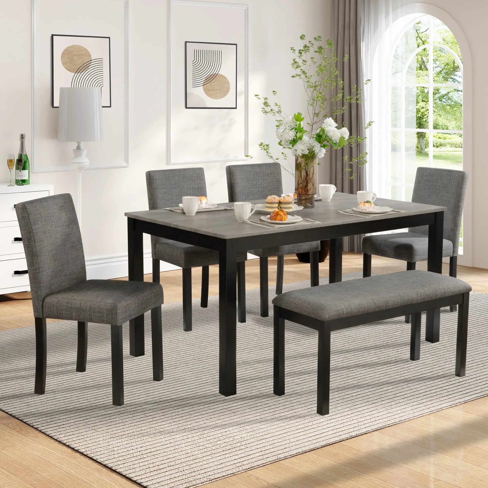 Modern dining table set with upholstered gray chairs, dark wood table, 5-piece dining set on Tampa Home & Garden Store