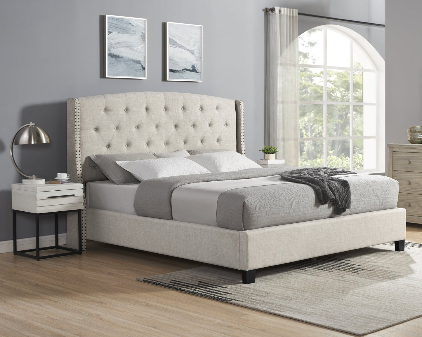 Astral 3-Piece Upholstered Bedroom Set with tufted wingback bed and two white nightstands on Tampa Home & Garden Store