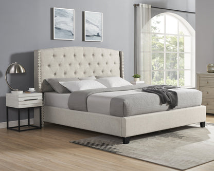 Astral 3-Piece Upholstered Bedroom Set with tufted wingback bed and two white nightstands on Tampa Home & Garden Store